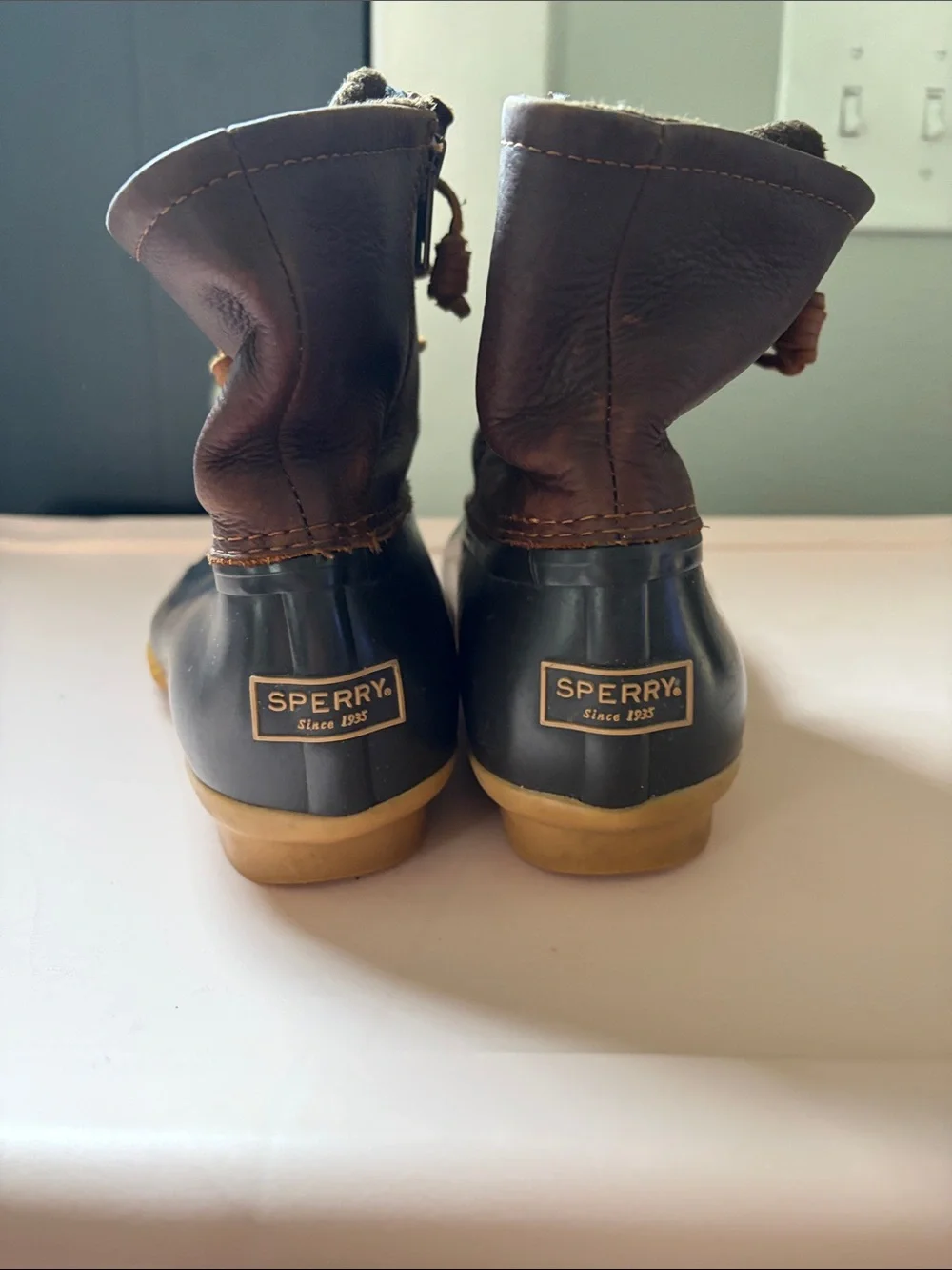 Sperry Brown Leather and Black Rubber Rain Boots with Tan Outsole